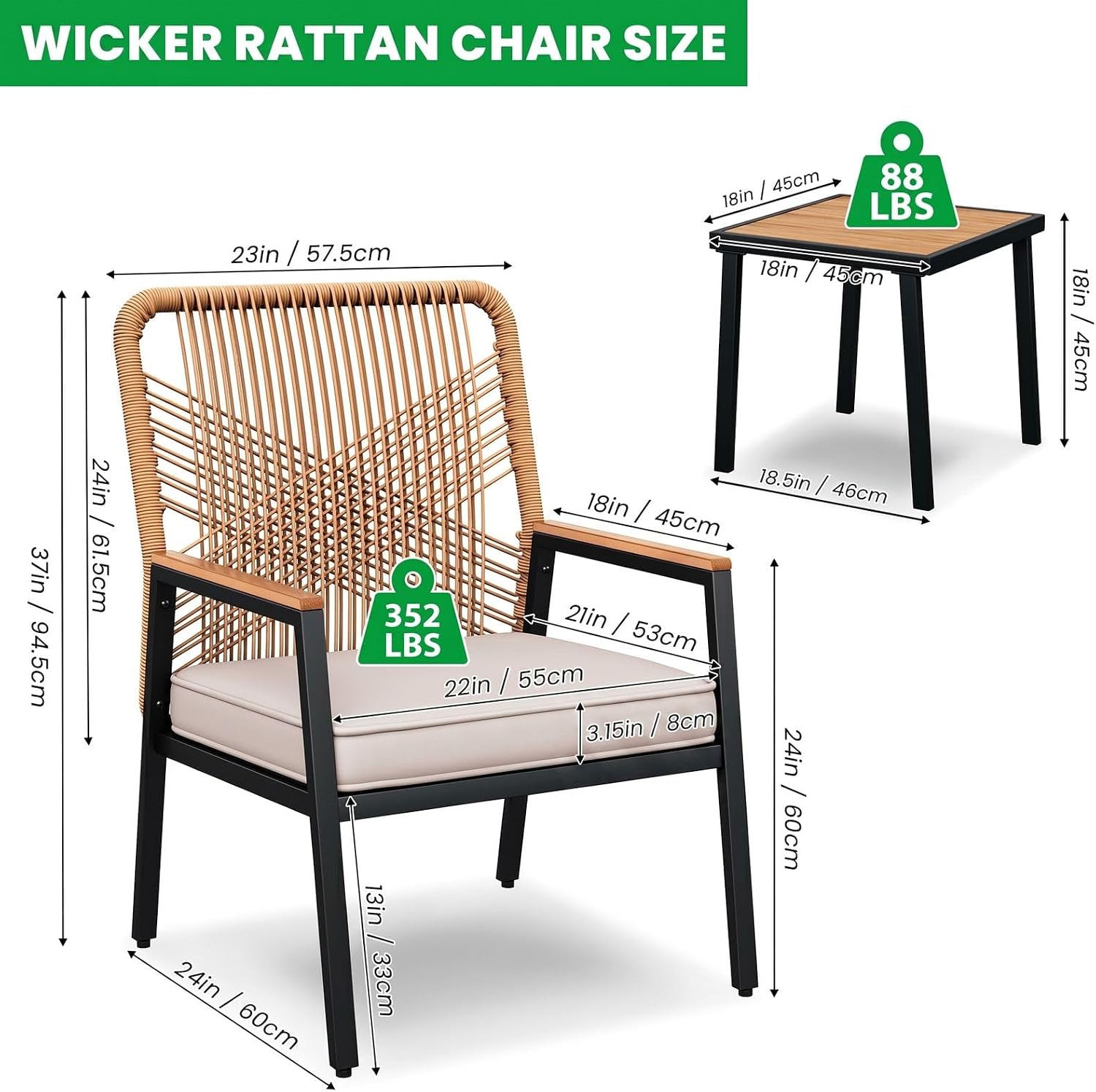 LIFERUN 3pc Beige Rattan Patio Set