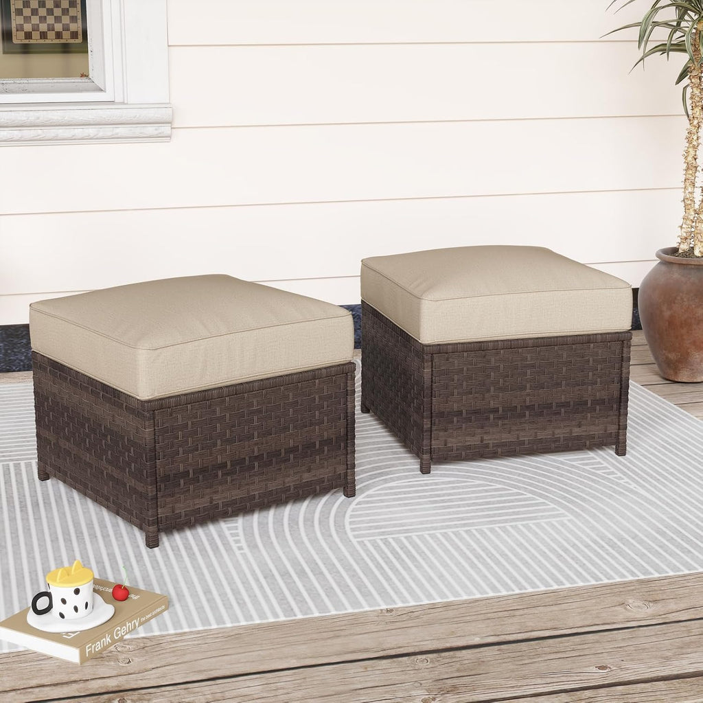 SUNSITT 2 Pack Rattan Patio Ottomans