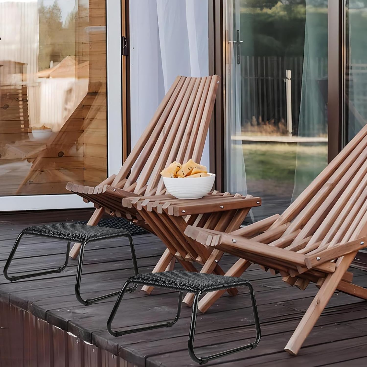 2 Pack Black Wicker Patio Ottomans