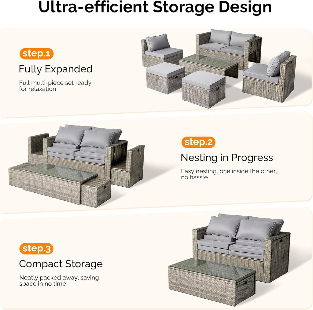 VINGLI 6pc Grey Wicker Sectional Set