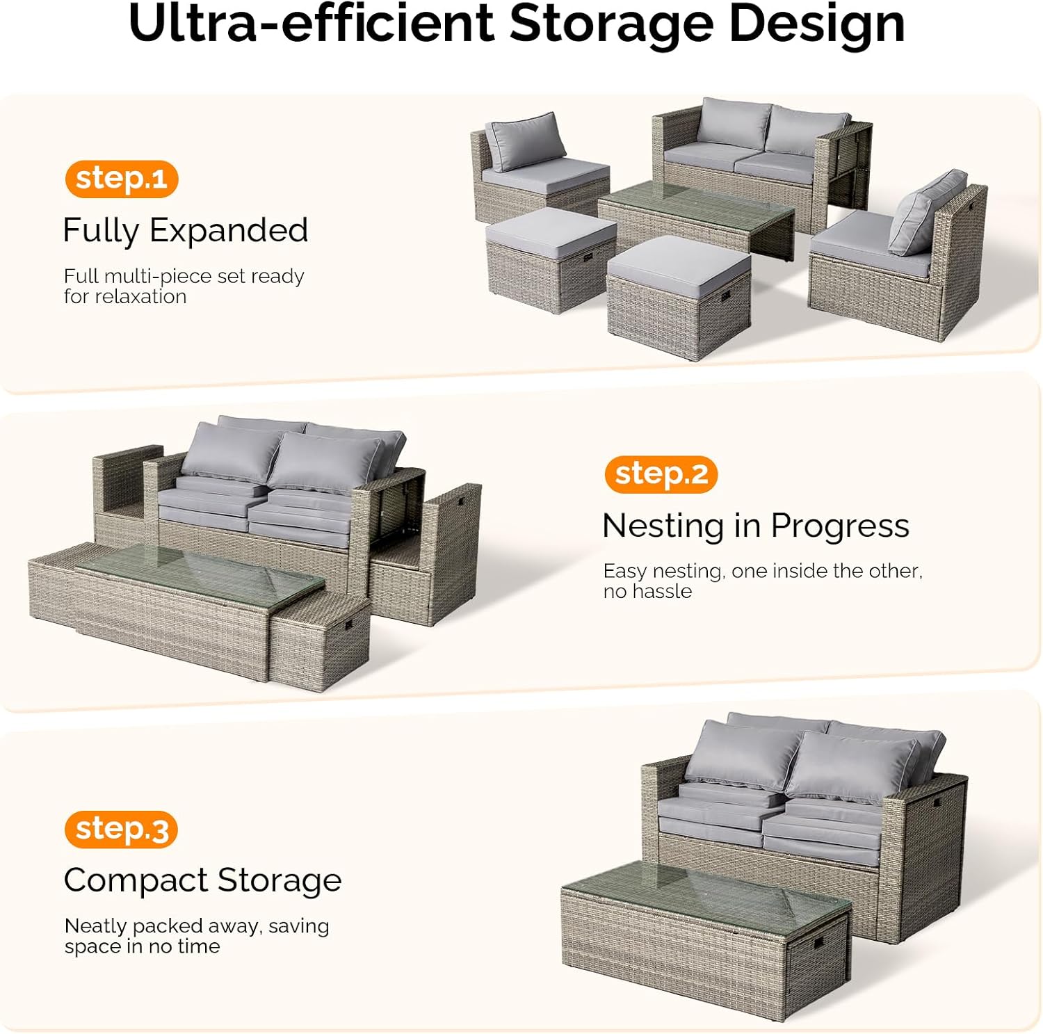 VINGLI 6pc Grey Wicker Sectional Set