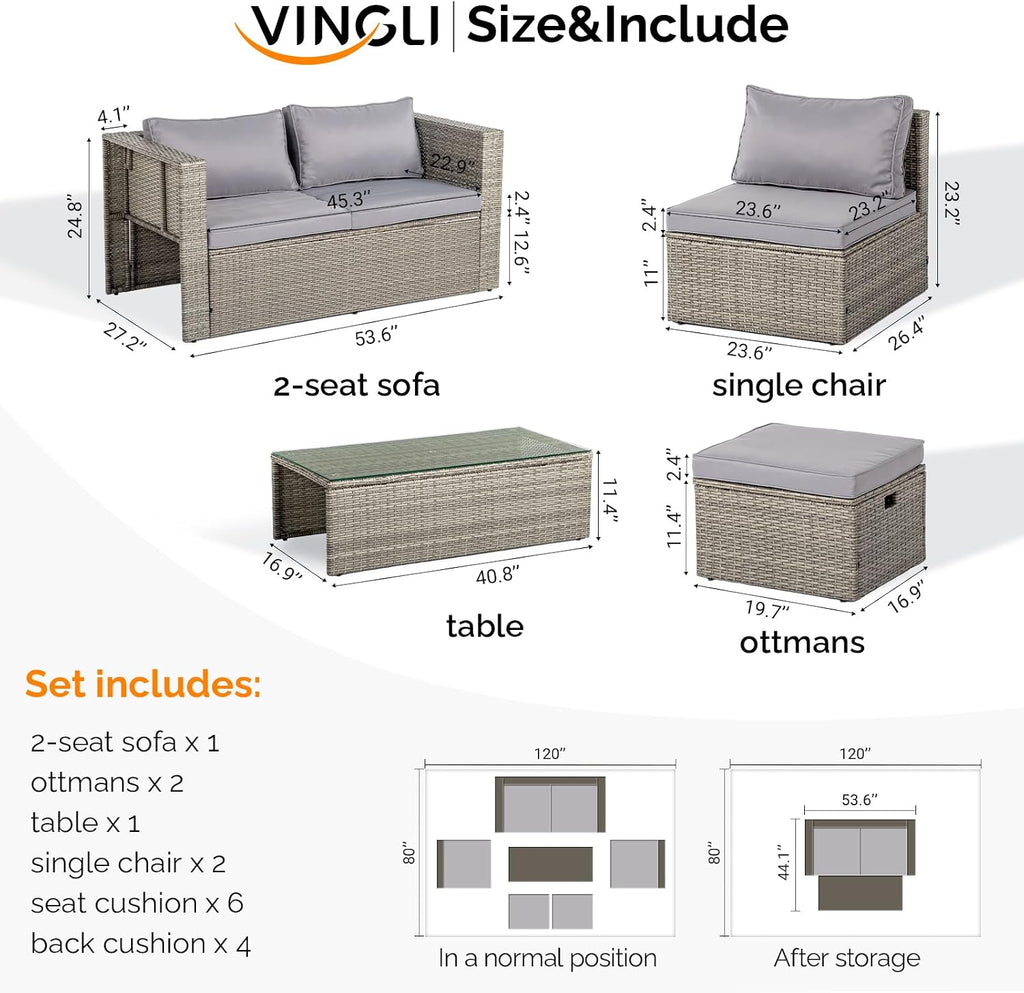 VINGLI 6pc Grey Wicker Sectional Set
