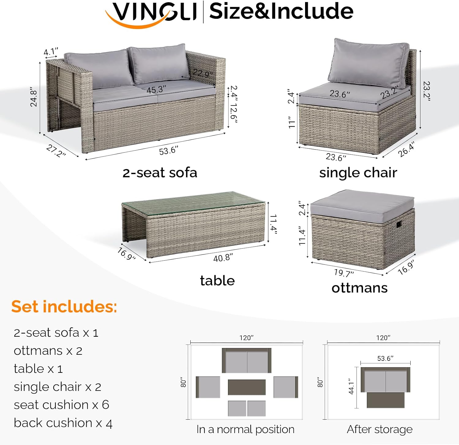VINGLI 6pc Grey Wicker Sectional Set