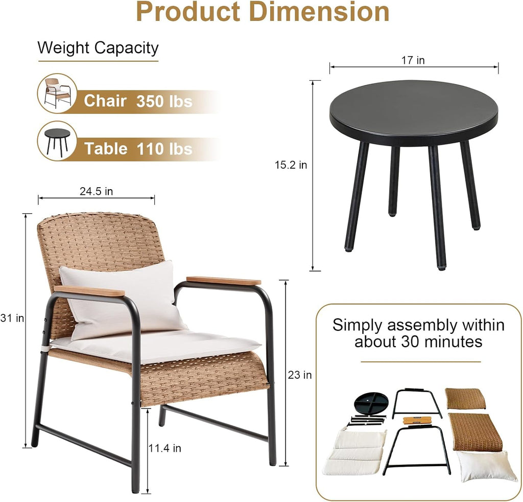 JOYURE 3pc Beige Wicker Bistro Set