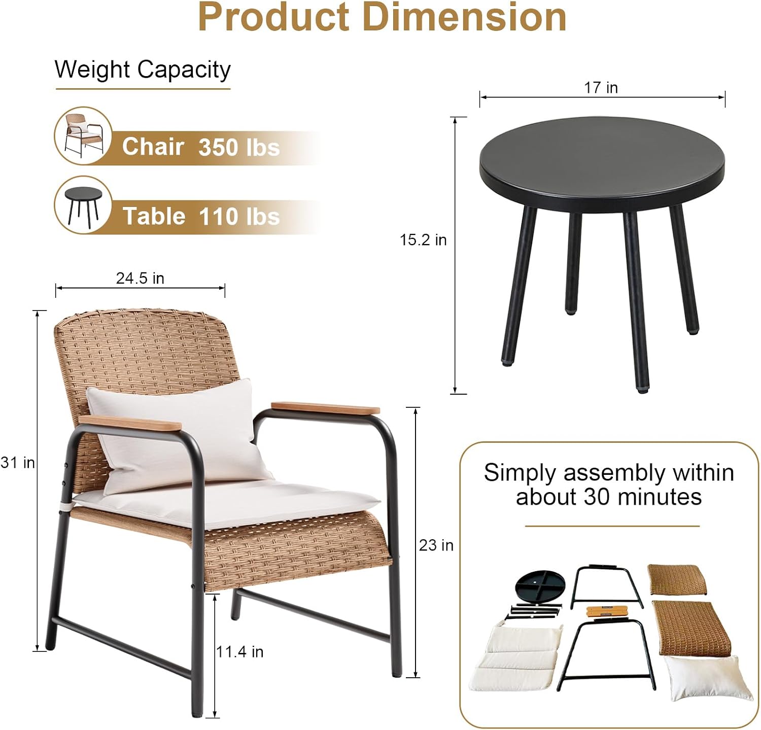 JOYURE 3pc Beige Wicker Bistro Set