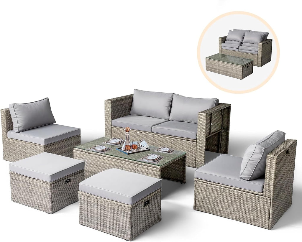 VINGLI 6pc Grey Wicker Sectional Set