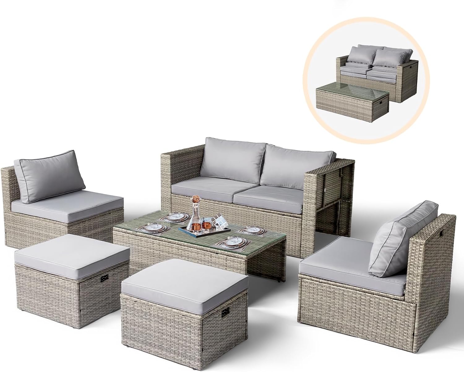 VINGLI 6pc Grey Wicker Sectional Set