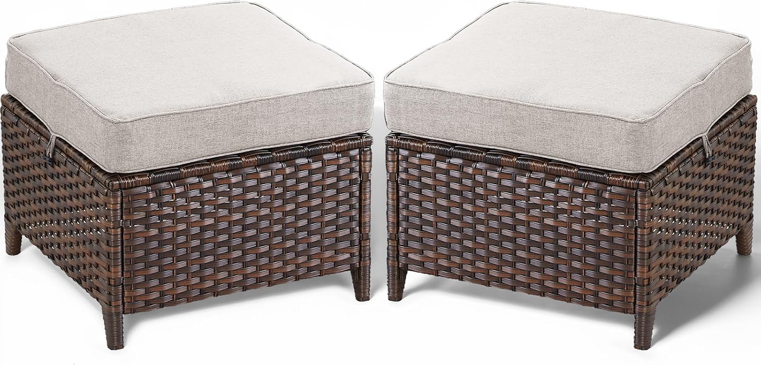 2PCS All-Weather Rattan Patio Ottomans