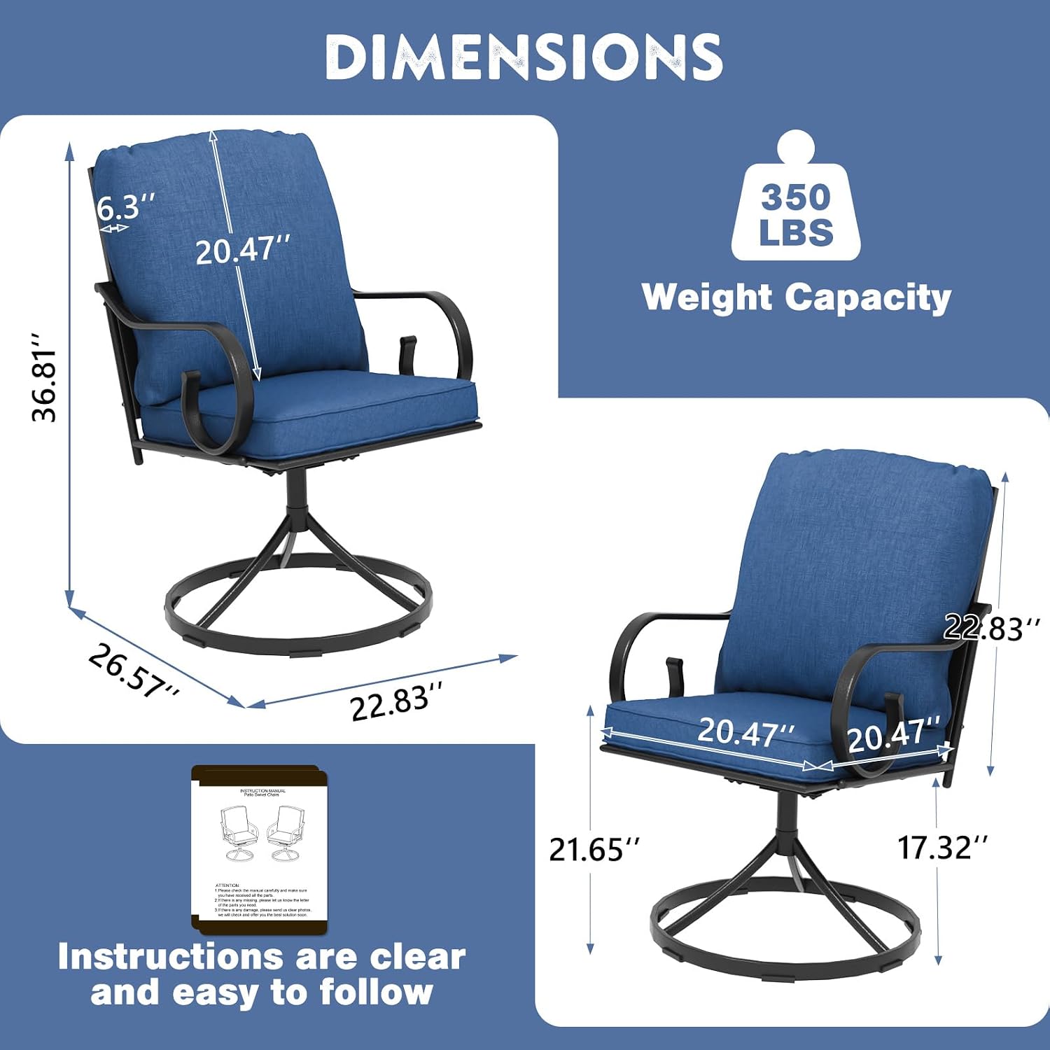 MELLCOM 2 Pack Blue Swivel Patio Rockers