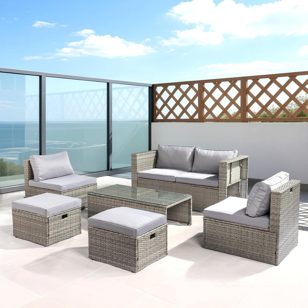 VINGLI 6pc Grey Wicker Sectional Set