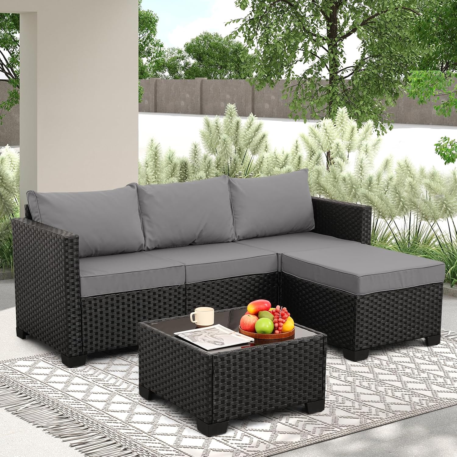 Oasishine 3pc Light Grey Wicker Sectional Set