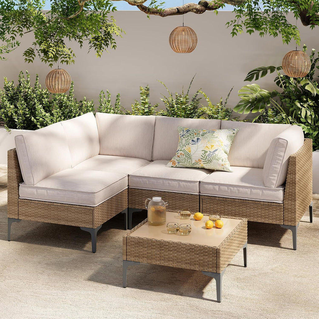 5pc Beige Wicker Sectional Sofa Set