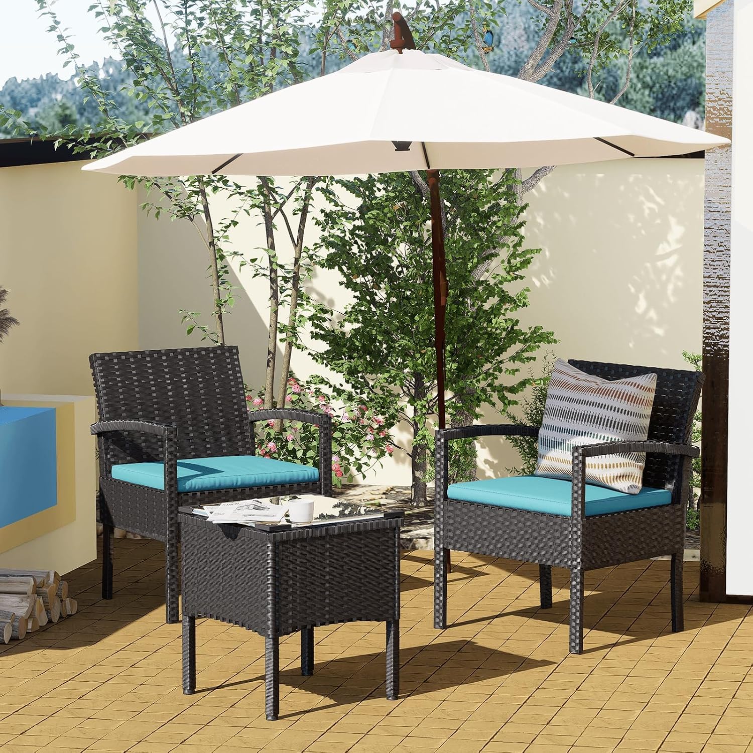 MEISSALIVVE 3pc Blue Wicker Bistro Set