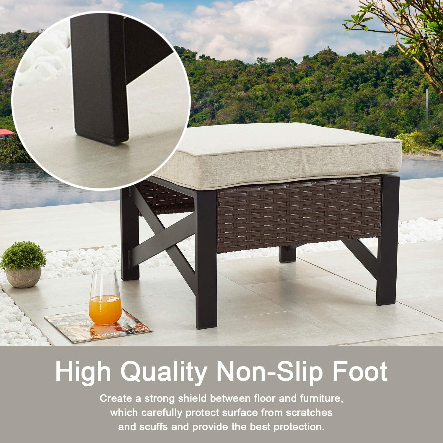 Outdoor Wicker Patio Ottoman with Cushion