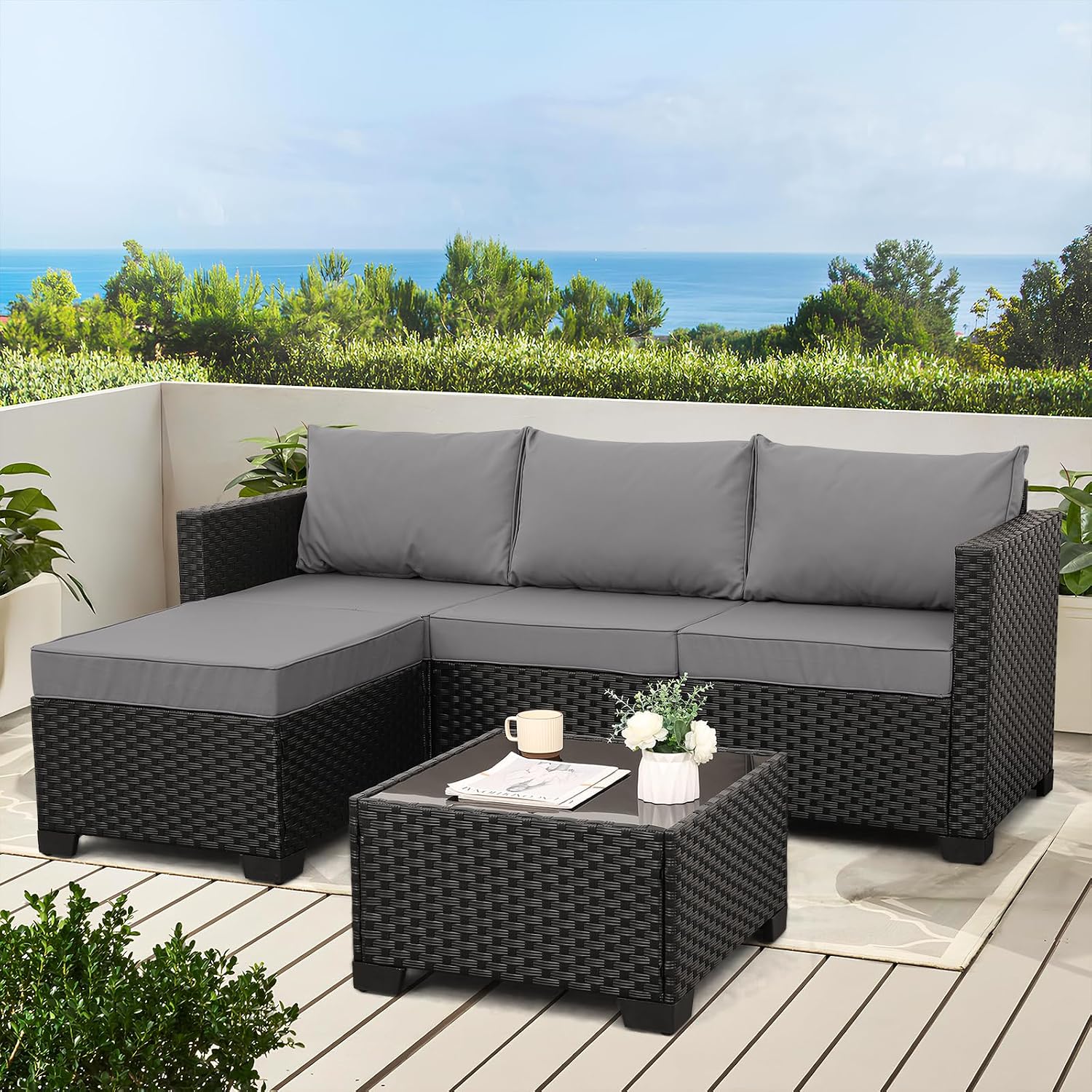 Oasishine 3pc Light Grey Wicker Sectional Set