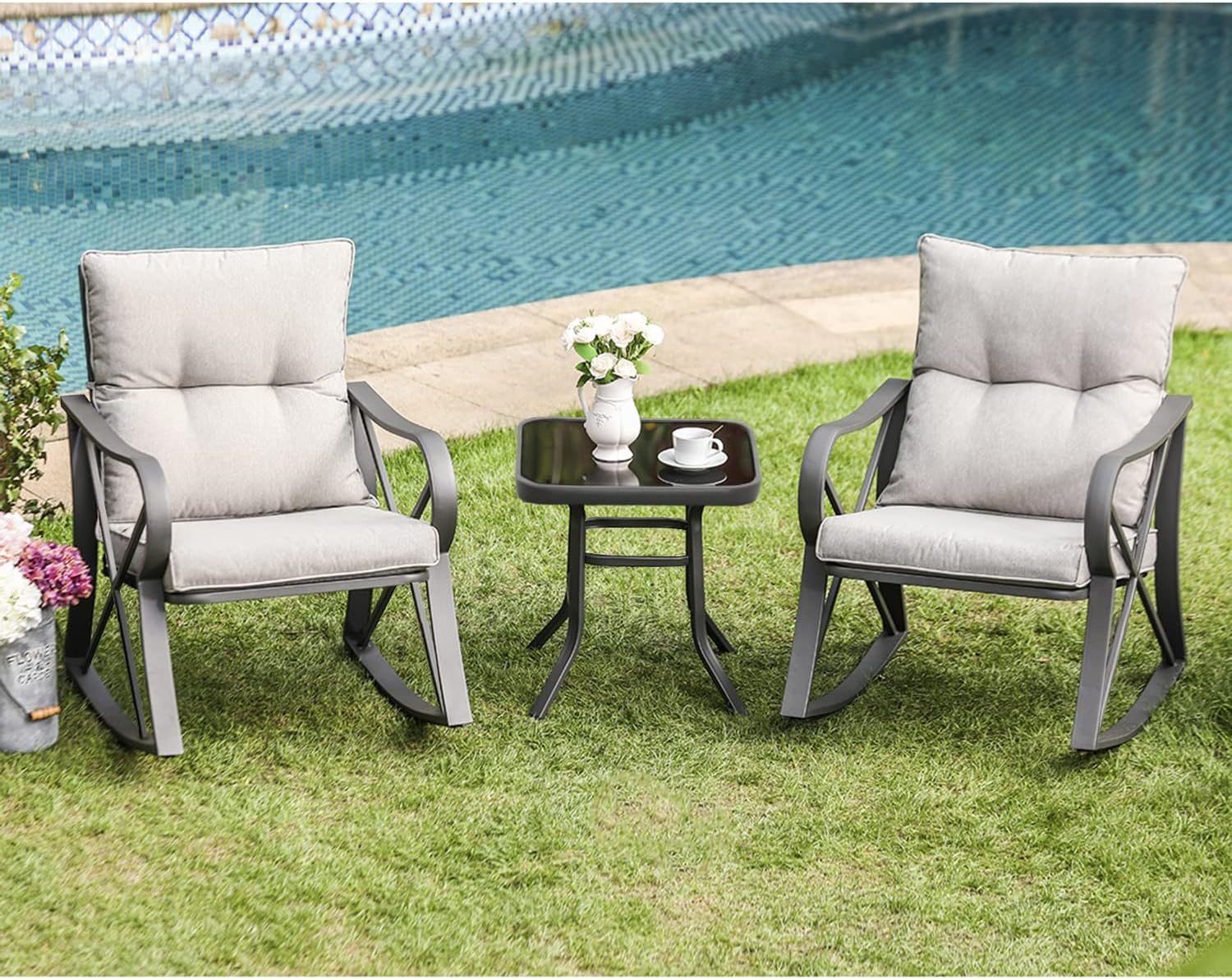 COSIEST 3pc Warm Gray Rocking Bistro Set