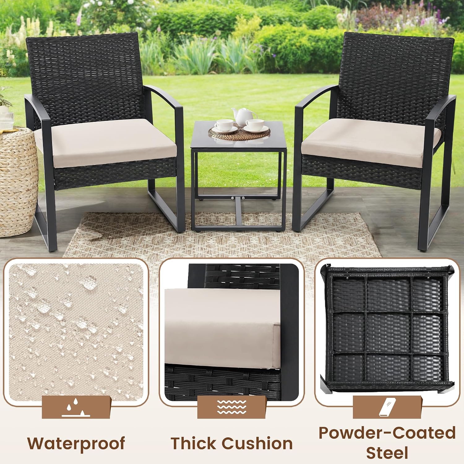 Murago 3pc Beige Cushion Wicker Bistro Set