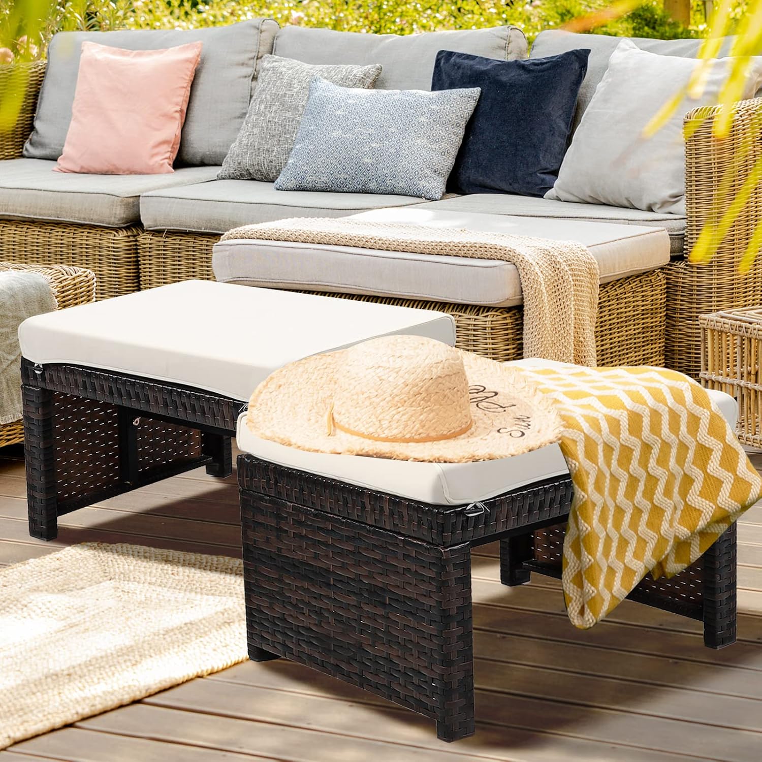 HAPPYGRILL 2 Piece Wicker Ottomans