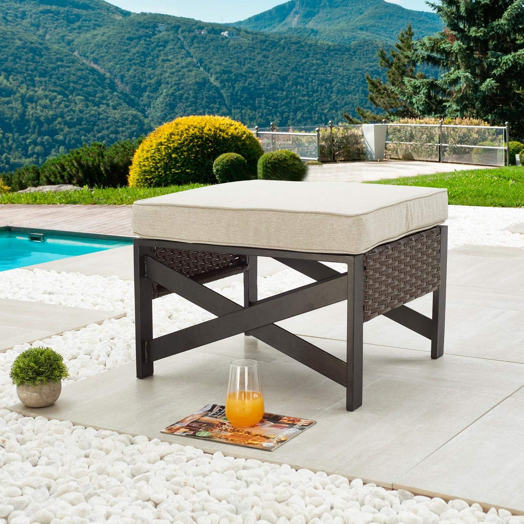 Outdoor Wicker Patio Ottoman with Cushion