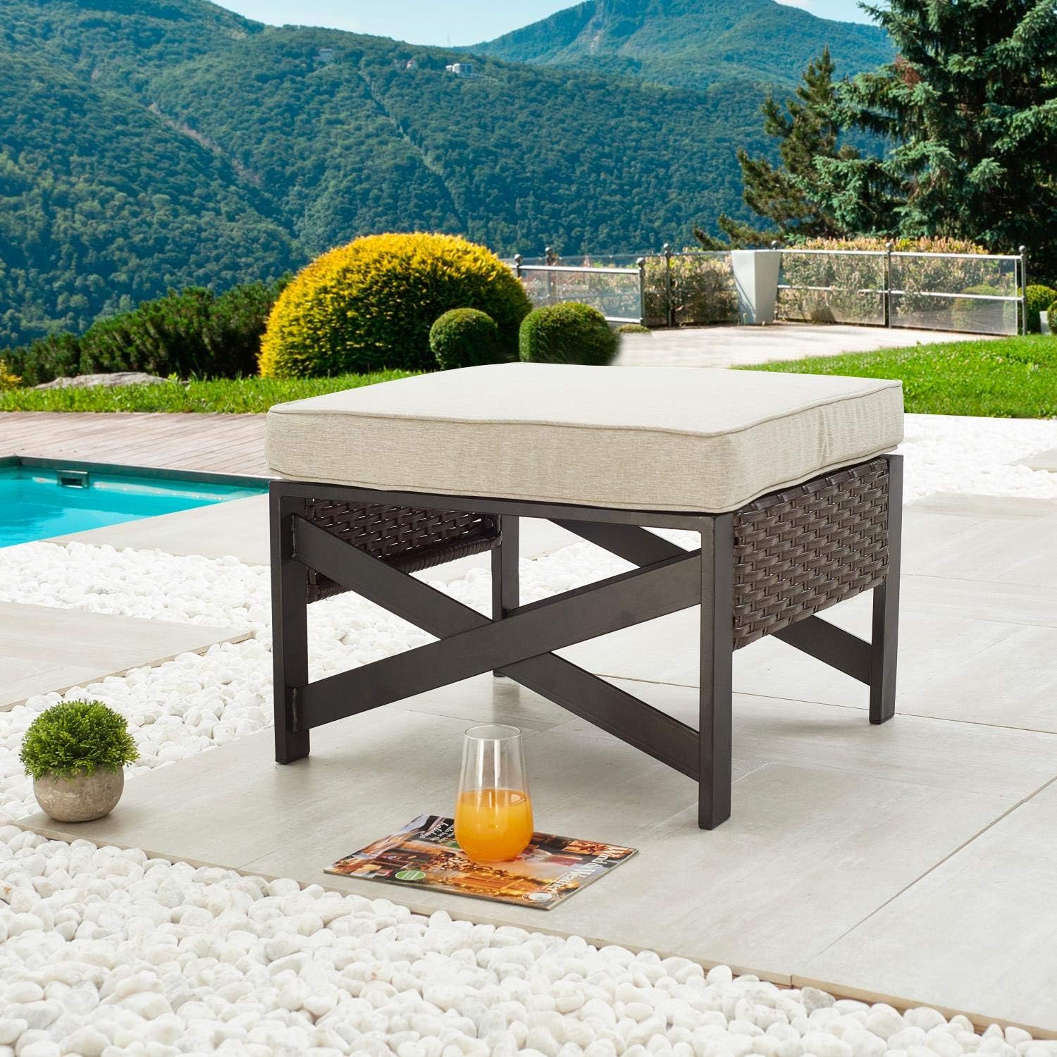 Outdoor Wicker Patio Ottoman with Cushion