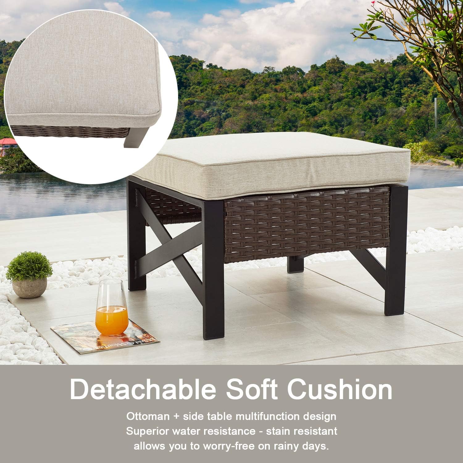 Outdoor Wicker Patio Ottoman with Cushion