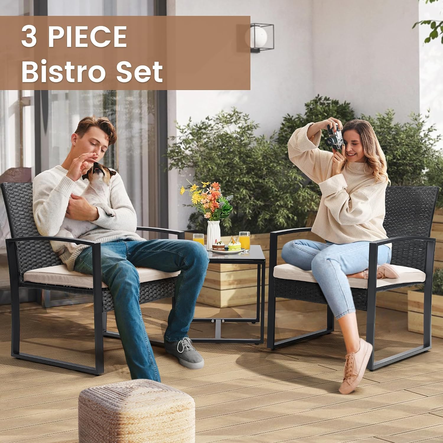 Murago 3pc Beige Cushion Wicker Bistro Set