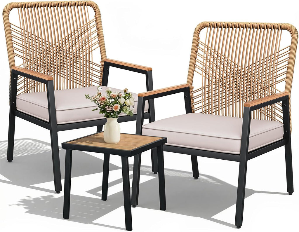 LIFERUN 3pc Beige Rattan Patio Set