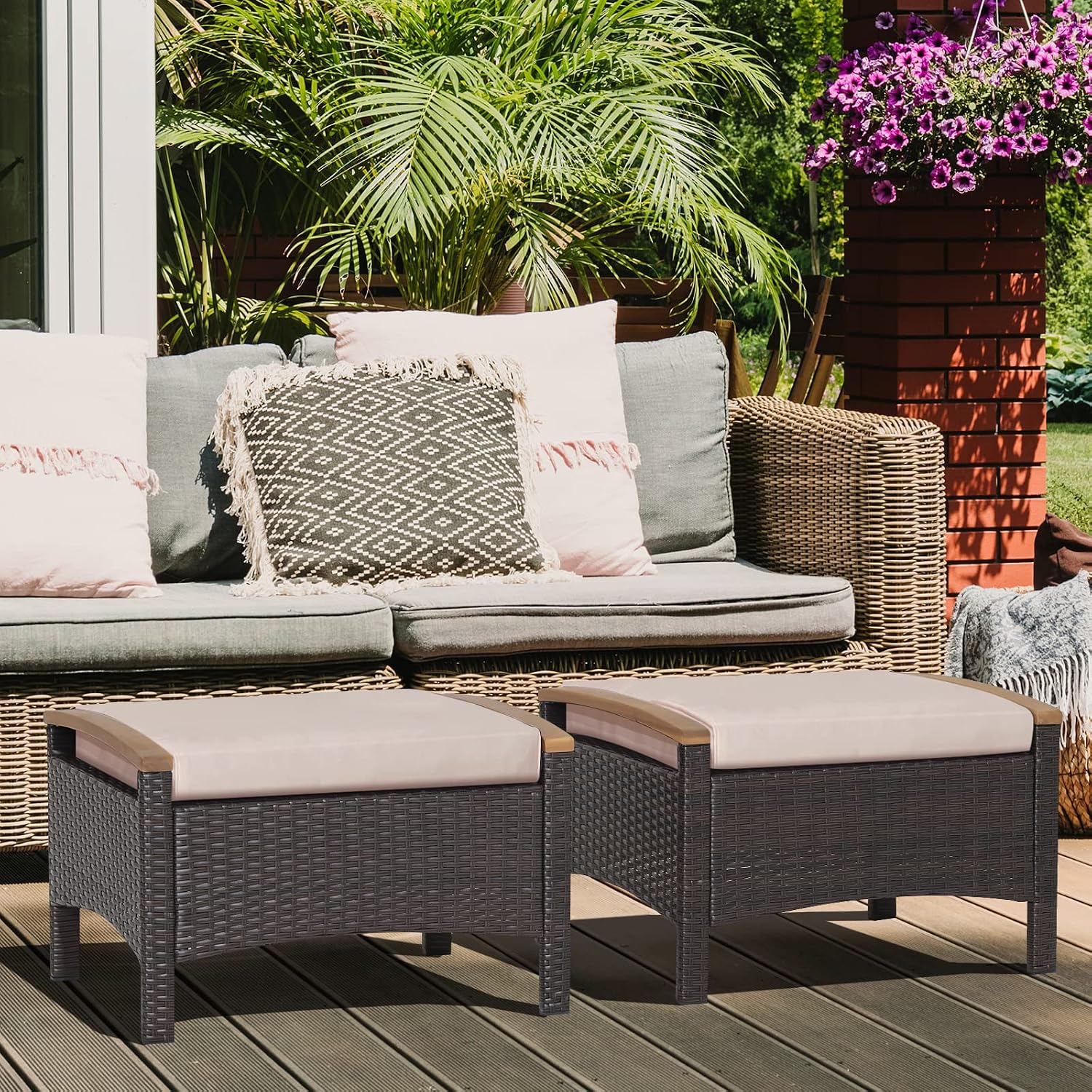 RELAX4LIFE 2 Pieces PE Rattan Ottomans