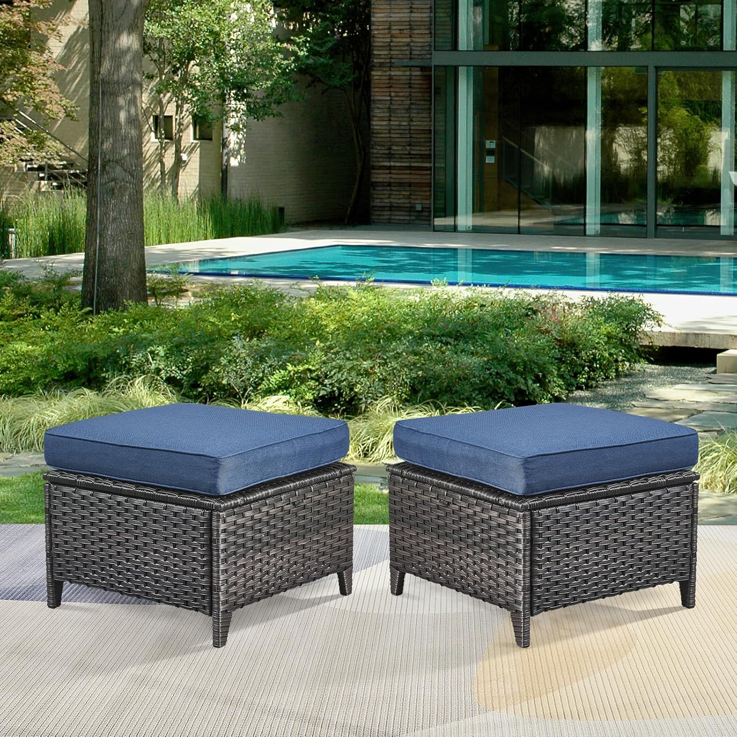 2 Piece PE Rattan Patio Ottomans