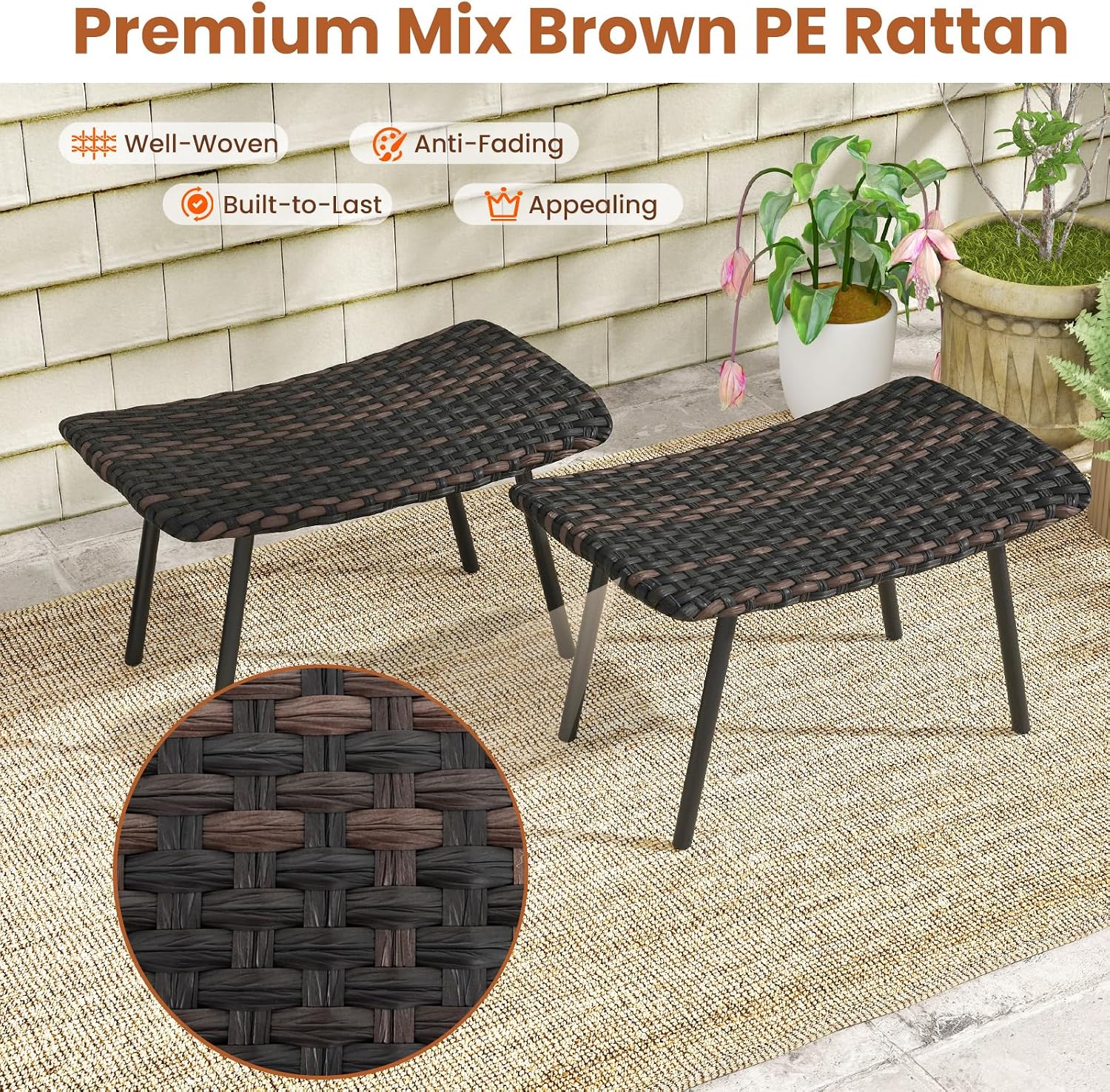 Tangkula 2 Pack Rattan Patio Ottomans