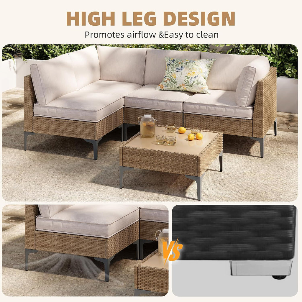 5pc Beige Wicker Sectional Sofa Set