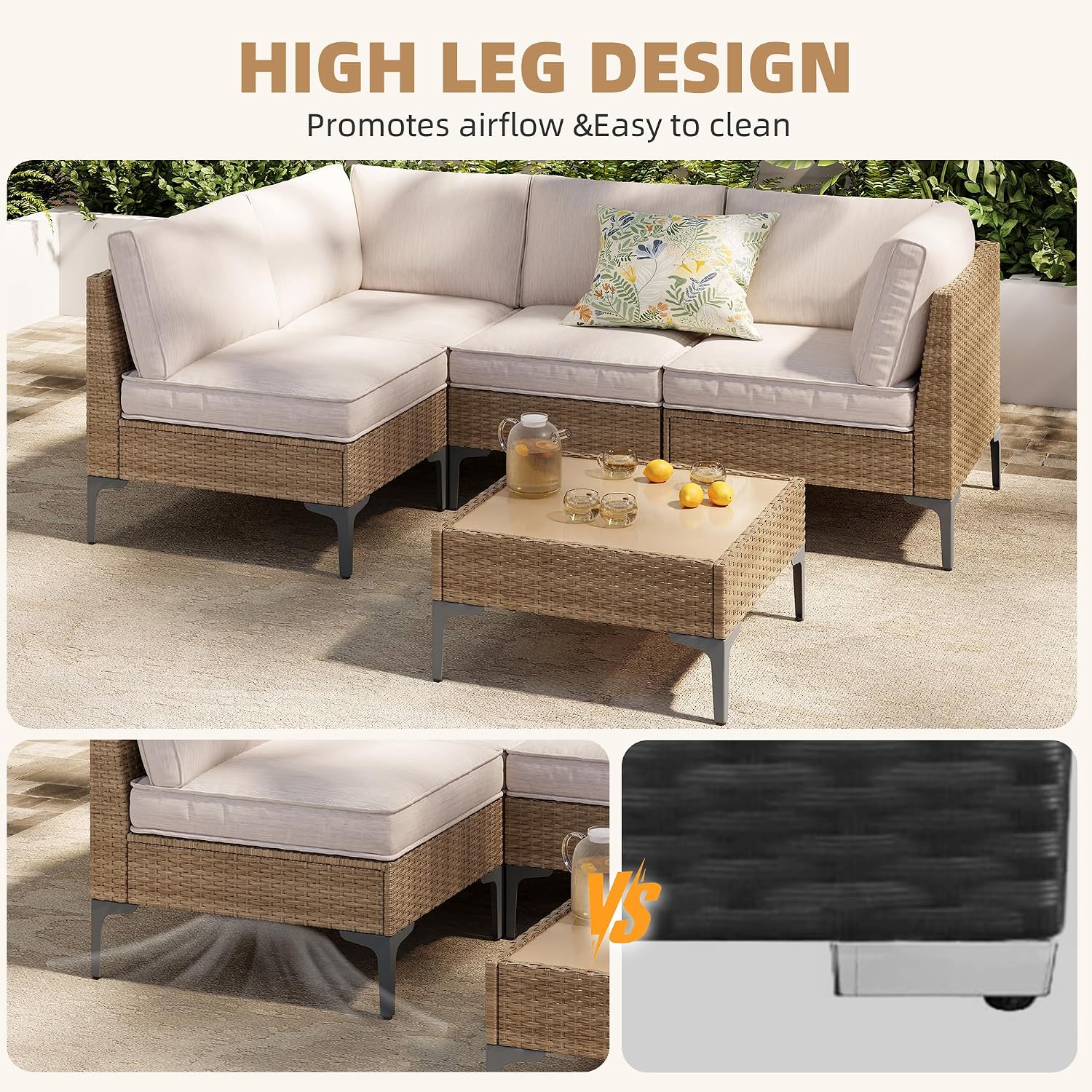 5pc Beige Wicker Sectional Sofa Set